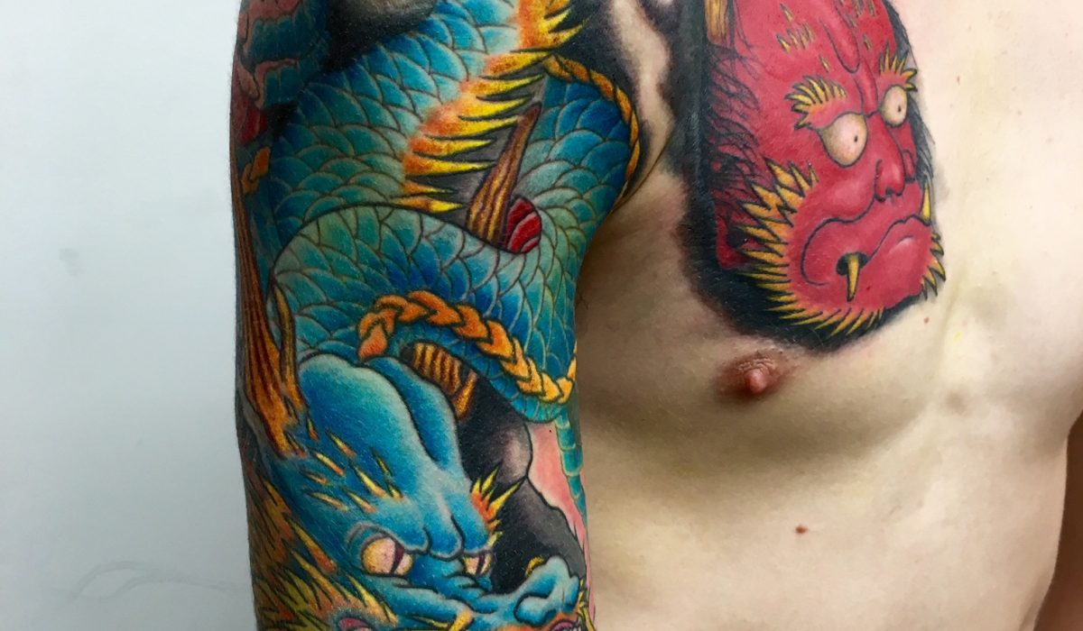 hannya-mask-japanese-dragon-colour-chest-sleeve-tattoo-1