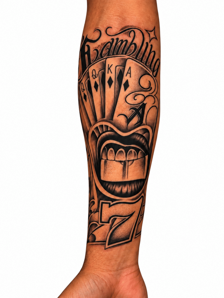Chicano style gambling forearm tattoo – Best Tattoo Shop in Perth, Western Australia