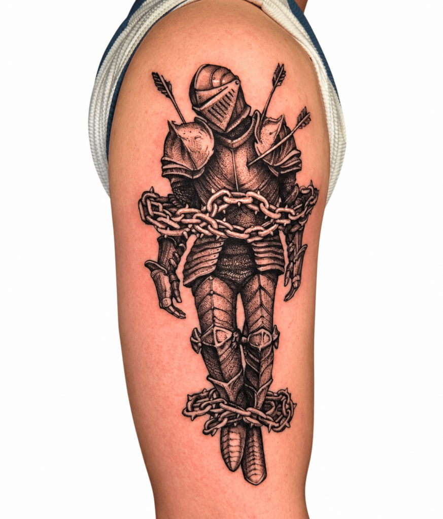 Black and grey realism knight tattoo – Perth, Western Australia