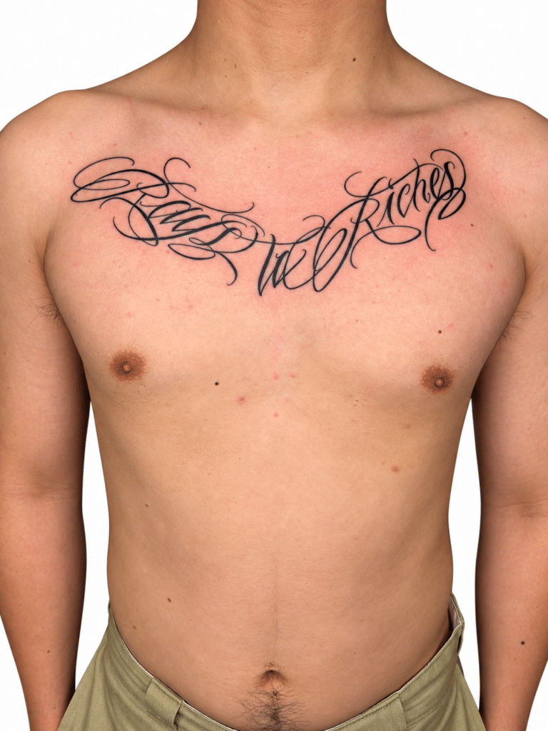 Script lettering chest tattoo