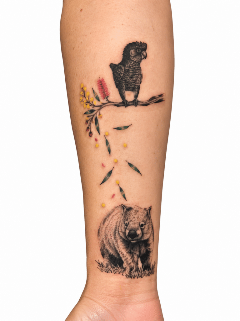 Fine line bird and bear forearm tattoo – Best Tattoo Shop in Perth, Western Australia