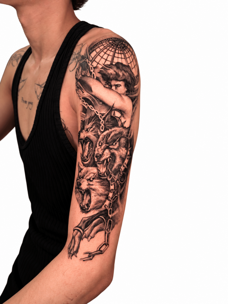 Black and grey classical full sleeve tattoo – Best Tattoo Shop in Perth, Western Australia