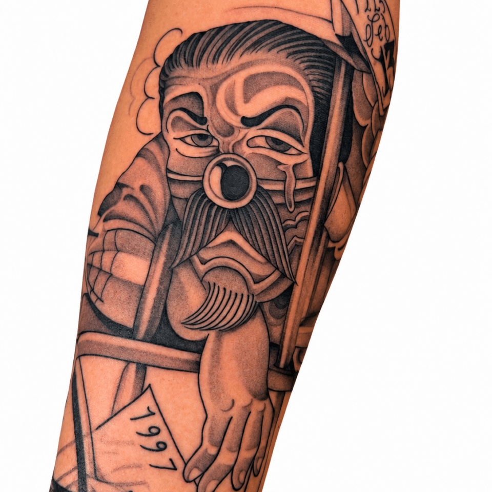 Black and grey Japanese warrior forearm tattoo – Best Tattoo Shop in Perth, Western Australia