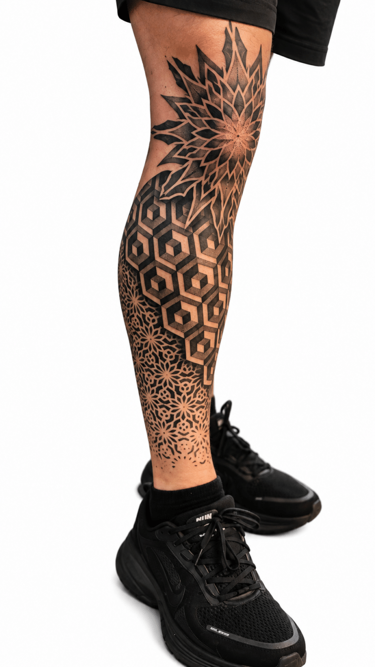 Geometric mandala calf sleeve tattoo – Best Tattoo Shop in Perth, Western Australia