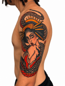 Japanese new school geisha and snake sleeve tattoo by JC, Perth