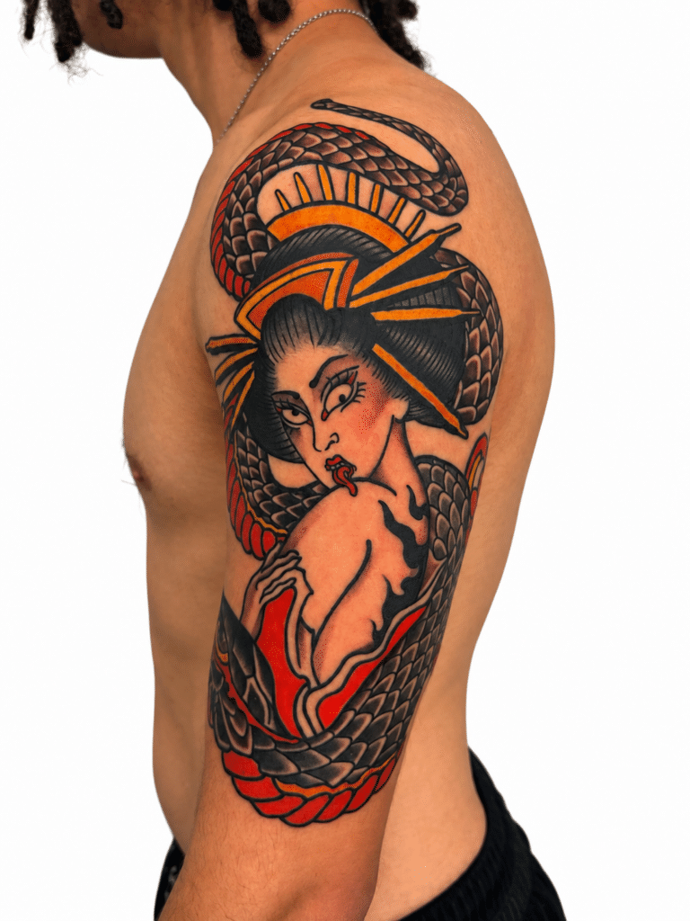 Japanese geisha and snake sleeve tattoo – Perth, Western Australia