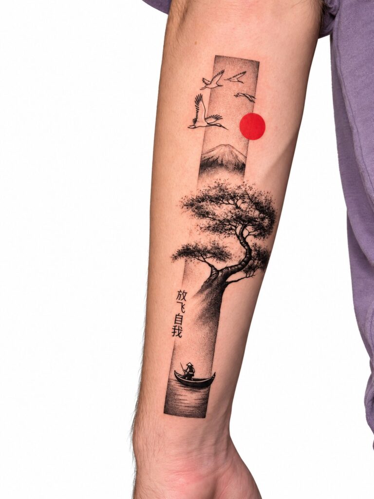 Bonsai tree red sun forearm tattoo Perth WA