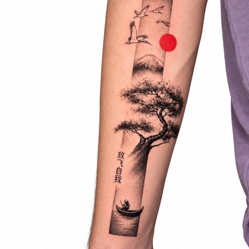 Bonsai tree red sun forearm tattoo Perth WA