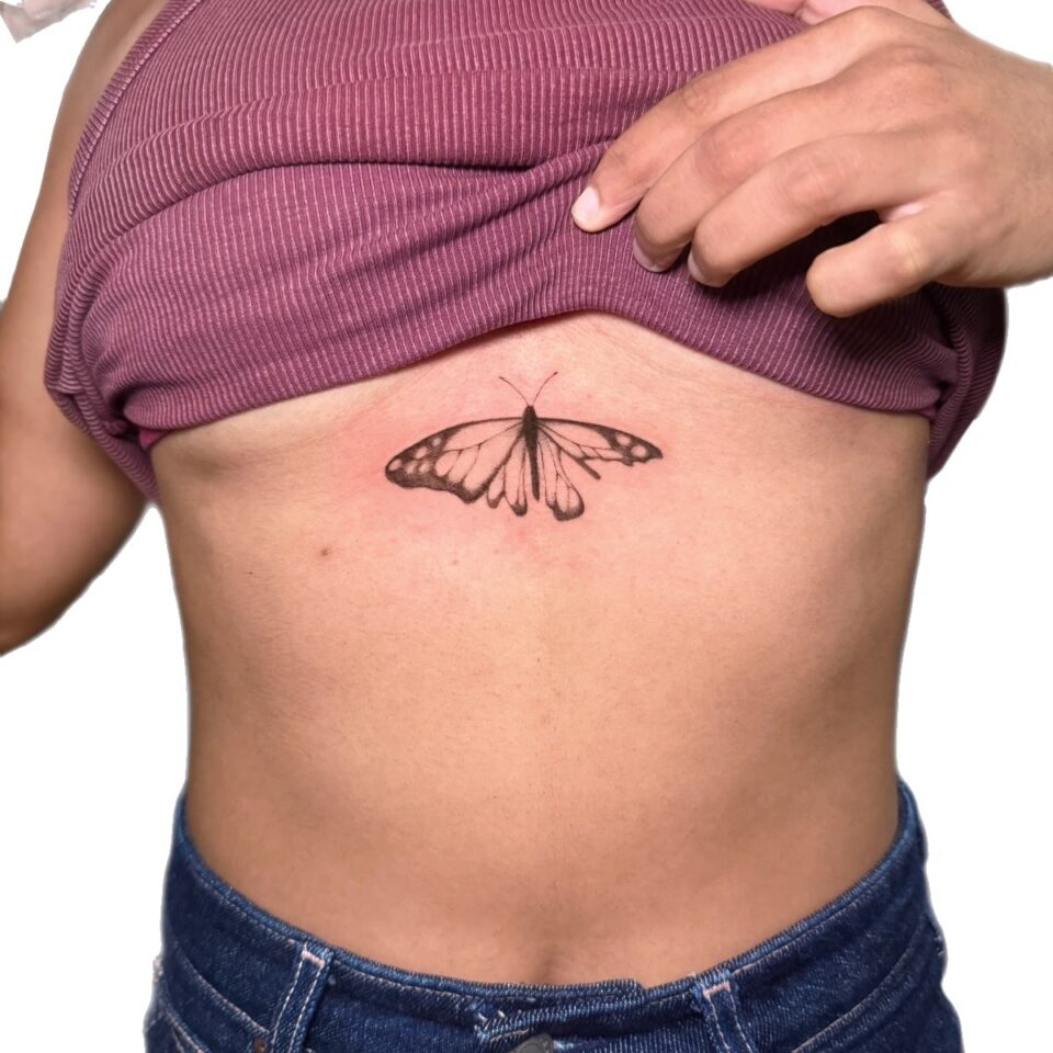 Fine line butterfly sternum tattoo Perth WA
