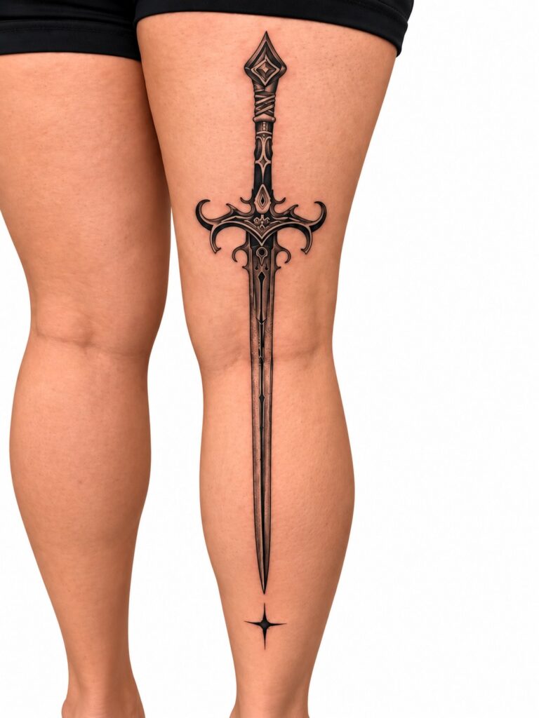 Fine line ornate sword back-of-leg tattoo