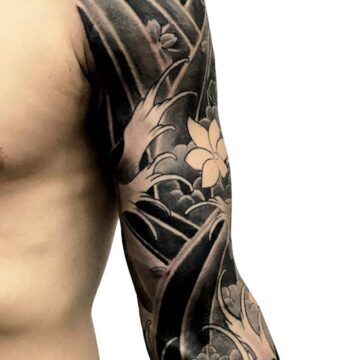 Japanese black and grey lotus and water full sleeve tattoo, Perth WA