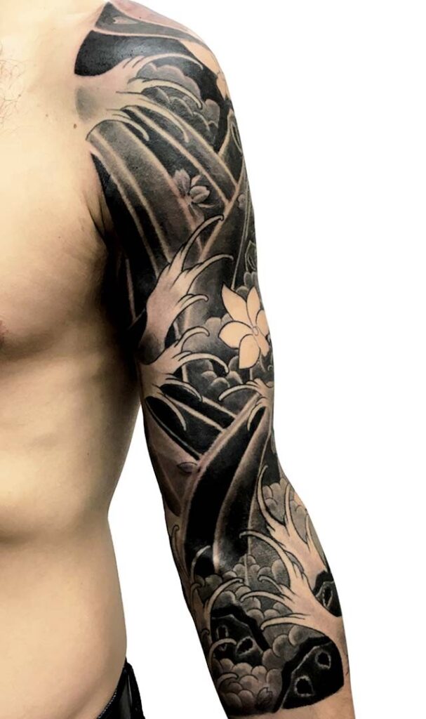Japanese black and grey lotus and water full sleeve tattoo, Perth WA