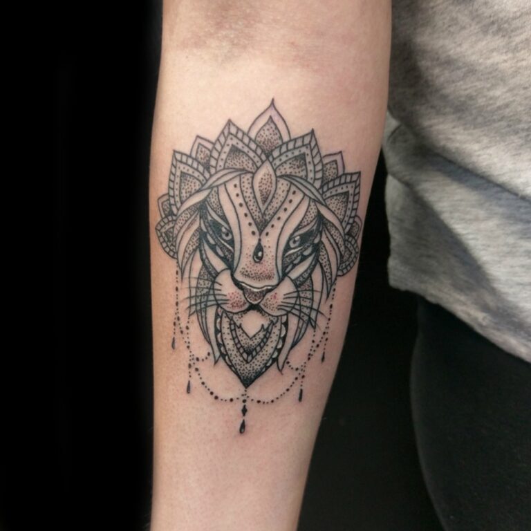Fine line mandala lion forearm tattoo
