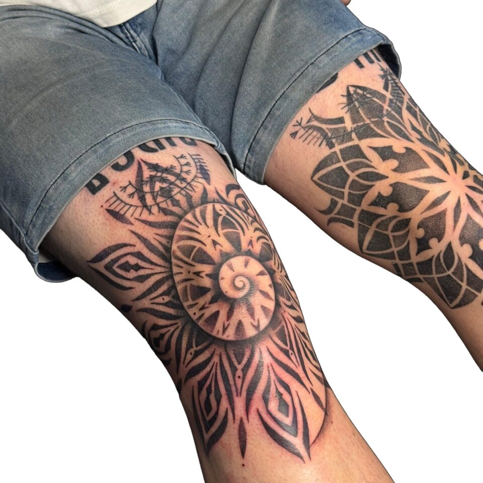 Mandala and geometric knee tattoos, Perth WA