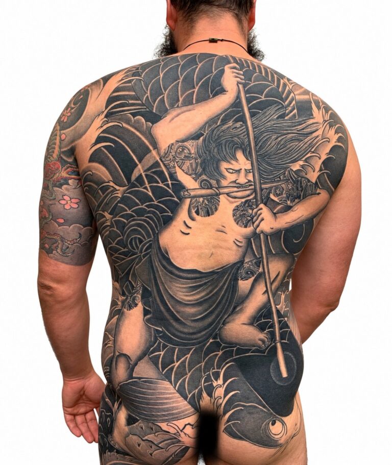 Japanese warrior riding a koi full back piece tattoo – Perth, Western Australia