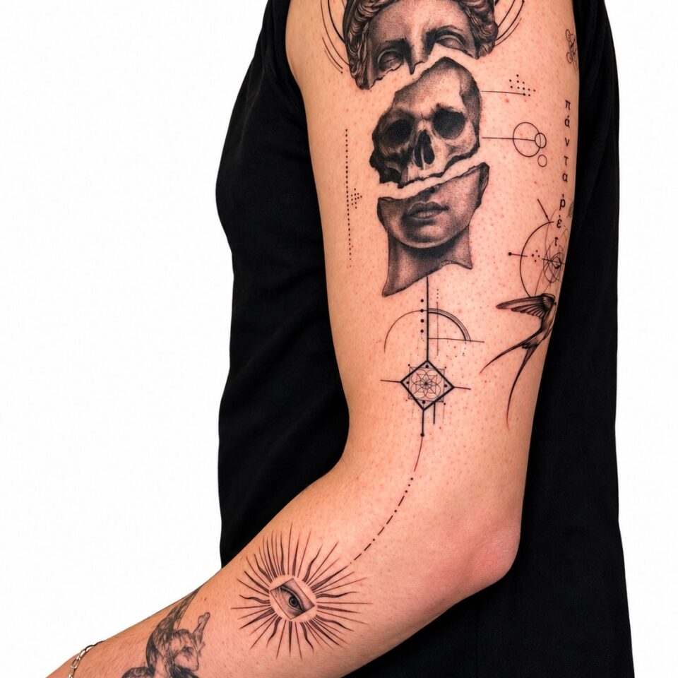 Skull geometric half sleeve tattoo Perth WA